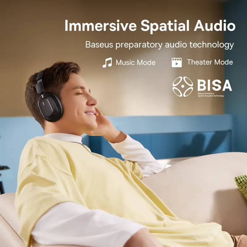 Baseus Bowie Wireless Headphone Bluetooth 5.3 38db ANC Noise Cancellation Hi-Res 3D Spatial Audio Over the Ear Headsets 100H