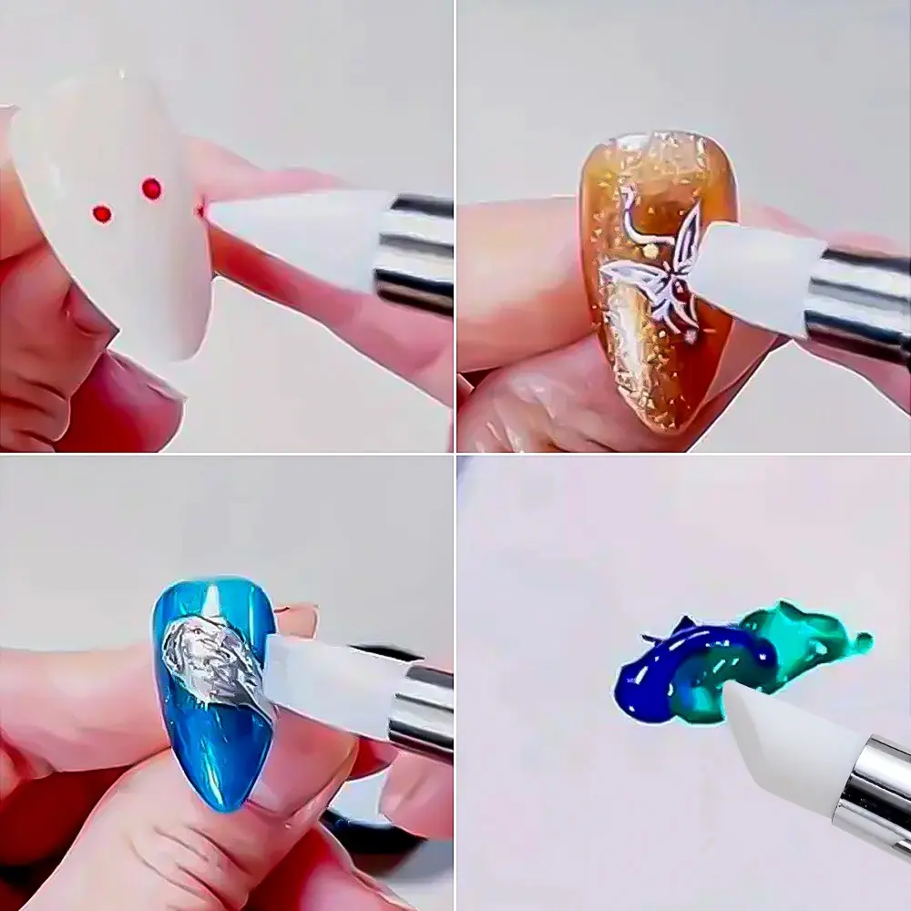 5PCS Dual-Headed Silicone Nail Art Brushes Sculpture Pen Rhinestone Gem Picker Wax Pen Nail Dotting Polishing Drawing Tools