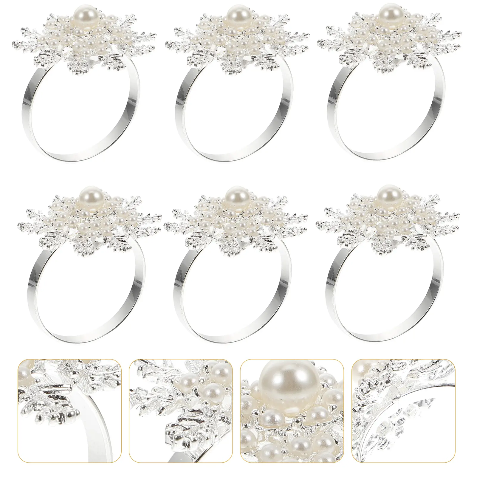 6pcs Napkin Rings Thick Silver Christmas Decor Elegant Pearl Snowflake Tableware Supplies Banquet Home Party Decorations