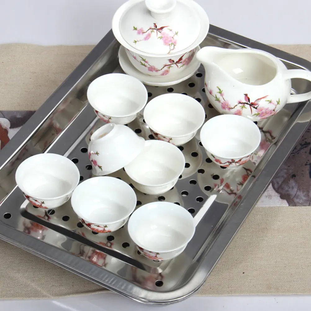 Stainless Steel Tea Set Square Tray Drinks Serving Kung Fu Trays for Japanese Style