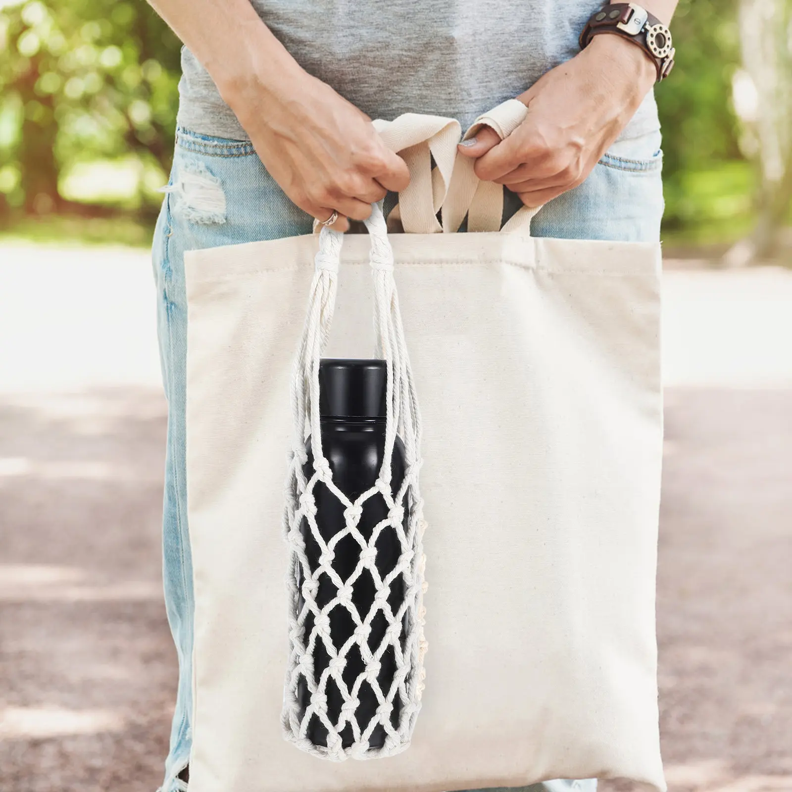 Cup Cover Sets Water Bottle Protector Beige Cotton Linen Drinking Cover Men Women Lightweight Braided Carrier Heat Resistant Bag