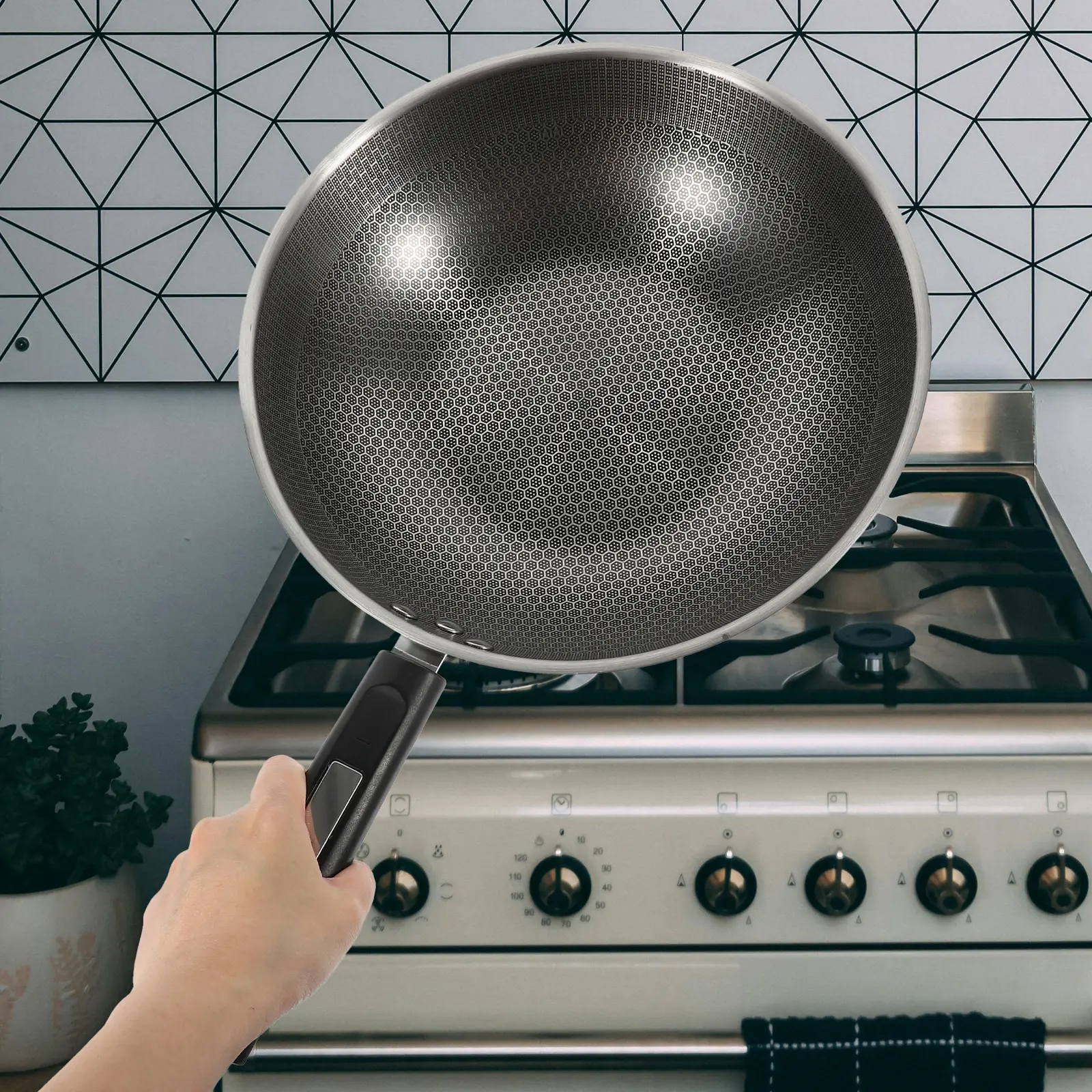 Honeycomb Non Stick Frying Pan 32cm Stainless Steel H Flat Bottom Egg Fry Kitchen Cookware Chinese Wok Skillet
