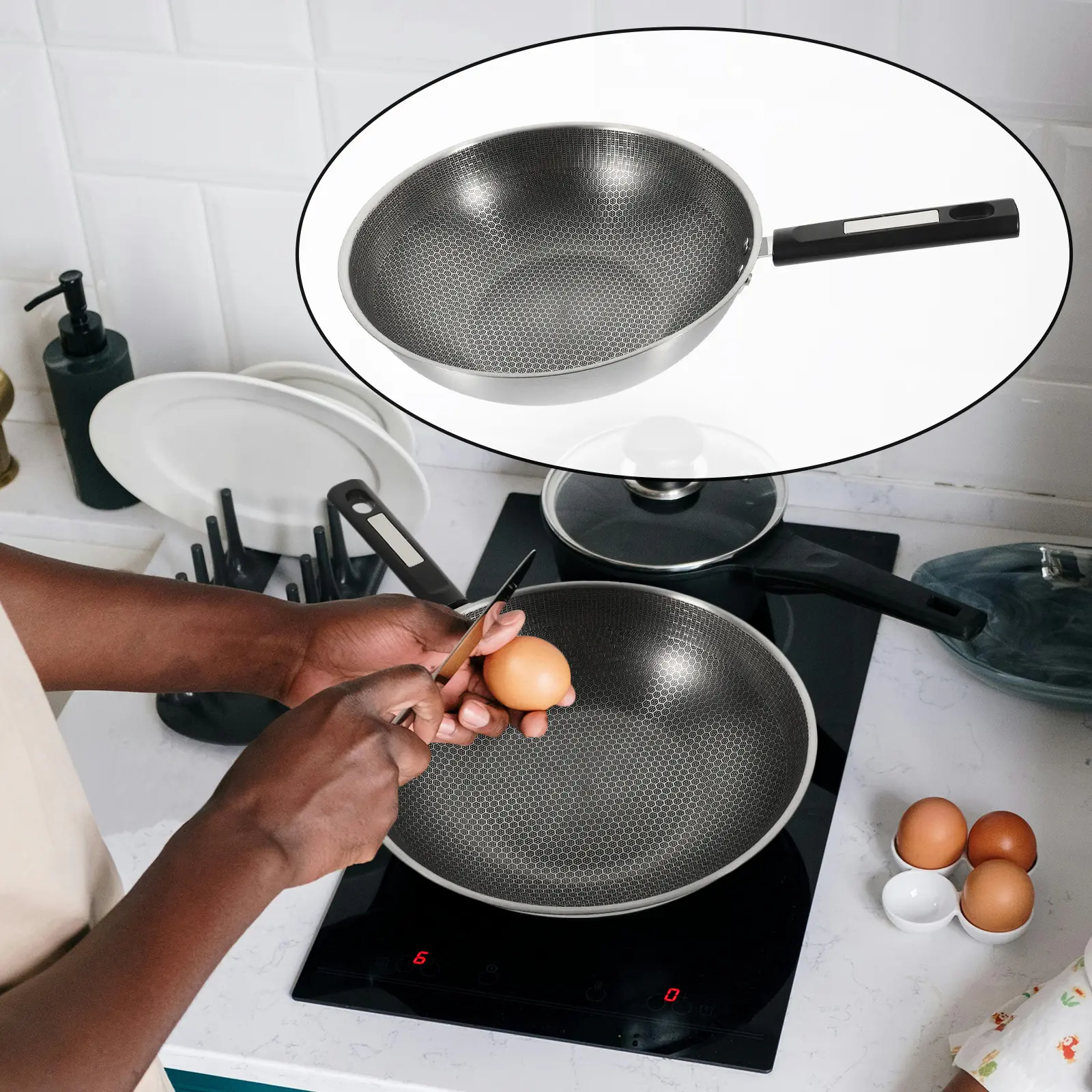 Honeycomb Non Stick Frying Pan 32cm Stainless Steel H Flat Bottom Egg Fry Kitchen Cookware Chinese Wok Skillet
