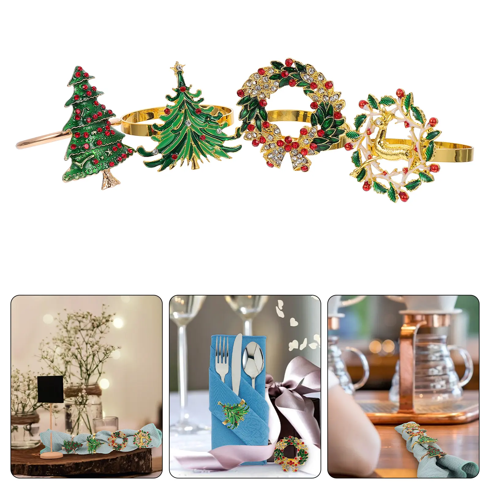 4 Pcs Christmas Napkin Rings Stainless Steel Home Restaurant Party Xmas Decor Cloth Towel Fits Save Space Dining Table
