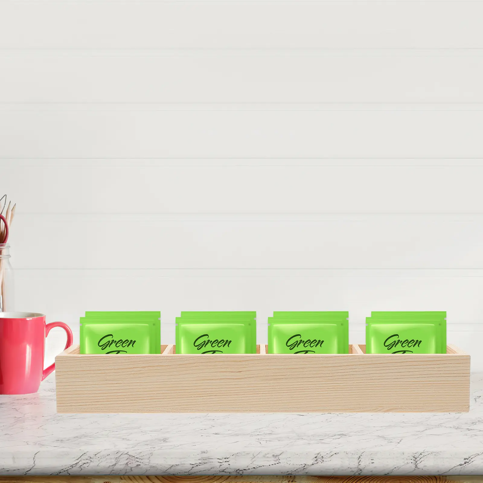 Multi Compartments Storage Box Wooden Texture Tea Bag ganizer Coffee Syrup Holder Sugar Packet Keeper Milk Jug Container