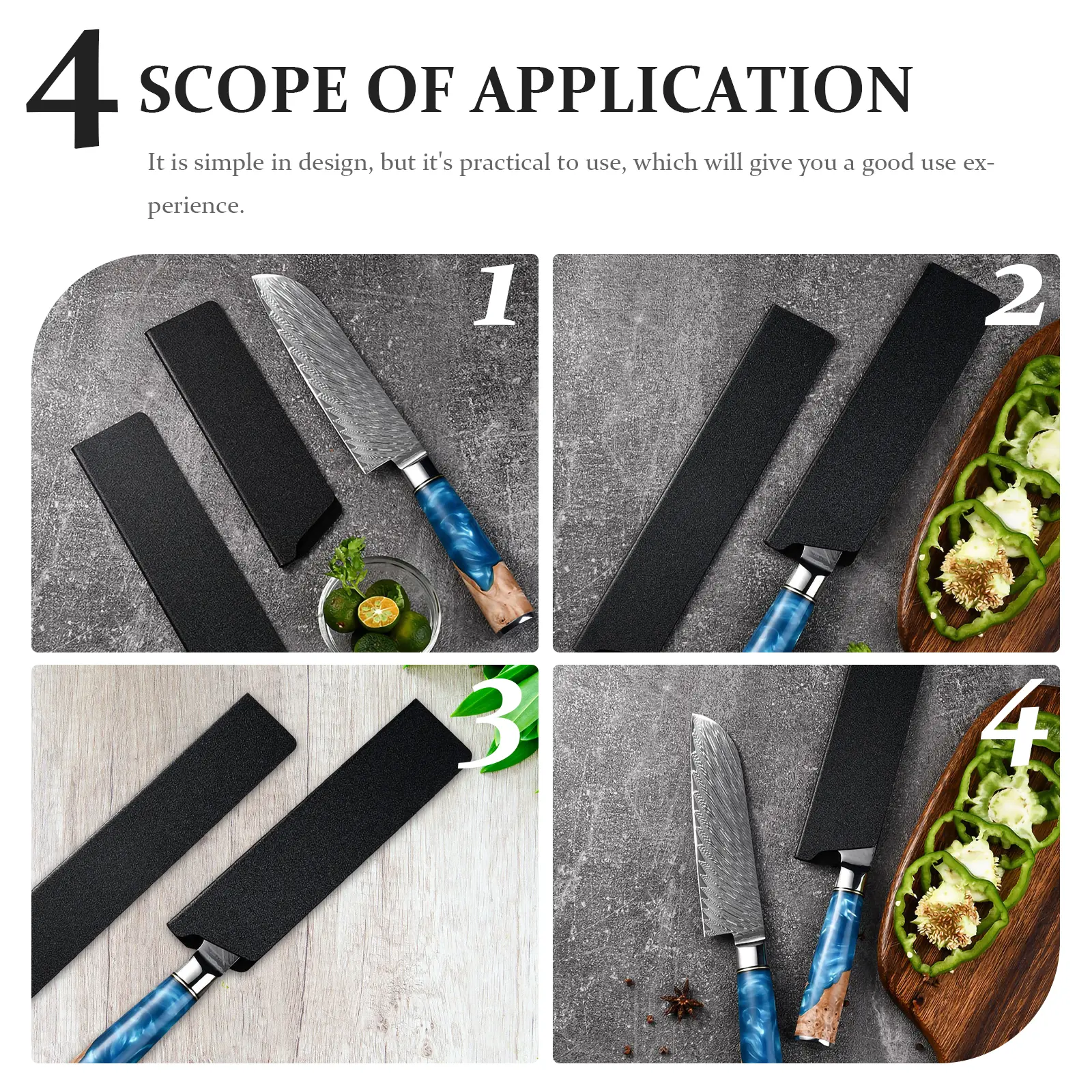 4pcs Protective Sleeves Kitchen Knife Set Sheathes ABS Flocking Design Lightweight Portable Use Experience