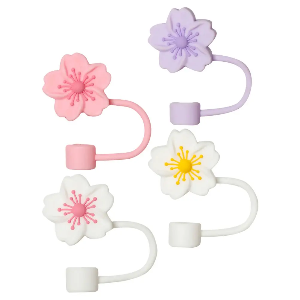 4Pcs Silicone Reusable Drinking Straw Protective Covers Flower Shaped Dust Proof Toppers Bar Accessories Bottle Caps Straws