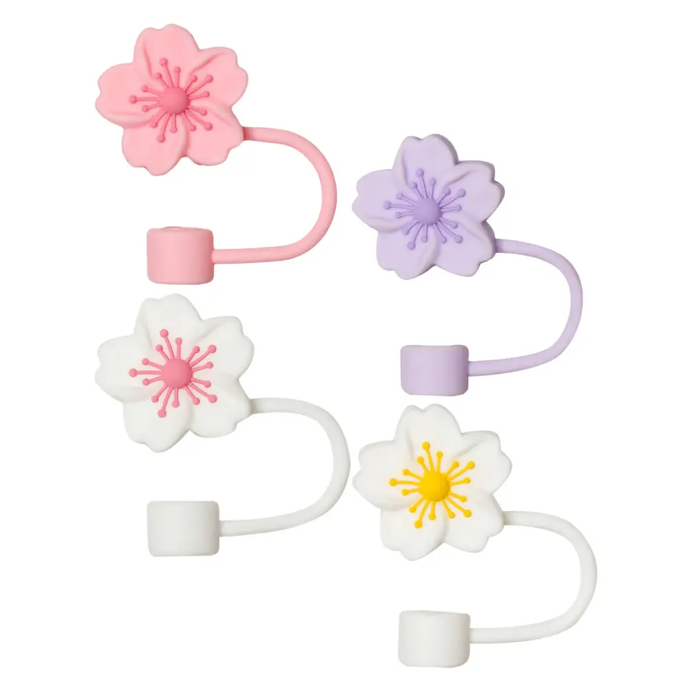 4Pcs Silicone Reusable Drinking Straw Protective Covers Flower Shaped Dust Proof Toppers Bar Accessories Bottle Caps Straws