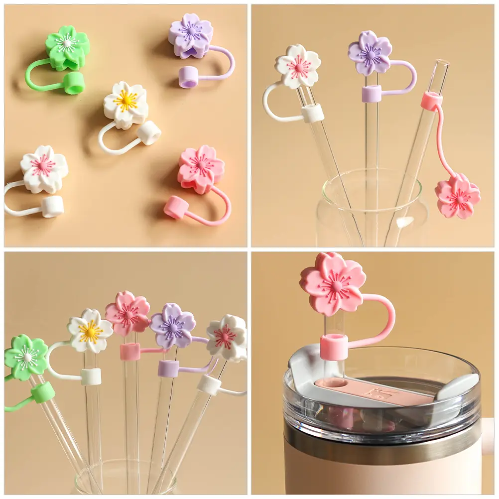 4Pcs Silicone Reusable Drinking Straw Protective Covers Flower Shaped Dust Proof Toppers Bar Accessories Bottle Caps Straws