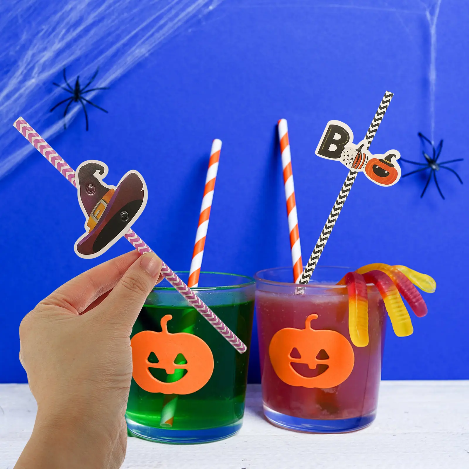 72pcs Halloween Decorative Straws Adorable Pumpkin Witch Hat Designs Party Supplies Paper Drinking Safe Smooth