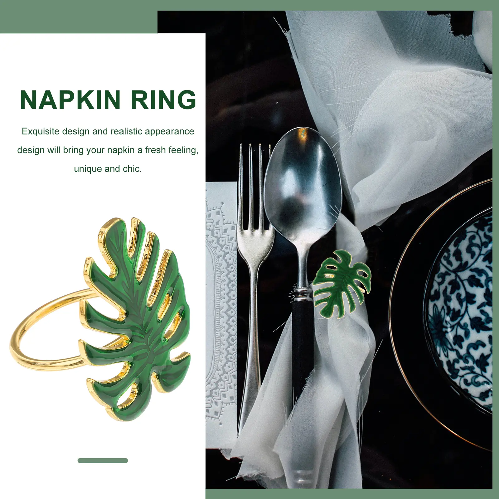 4pcs Green Turtle Leaf Napkin Rings Realistic Design for Banquet Wedding Party Metal Table Decoration Kitchen Bar Accessories