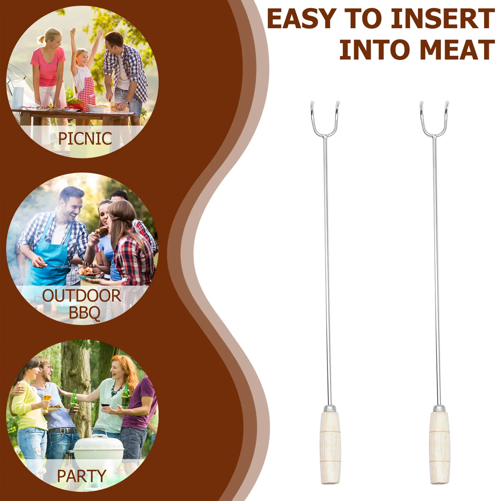 2pcs Stainless Steel Meat Hooks Durable Easy Insert Clean BBQ Roast Pork Ham Chicken Goose Kitchen Supplies Long Use