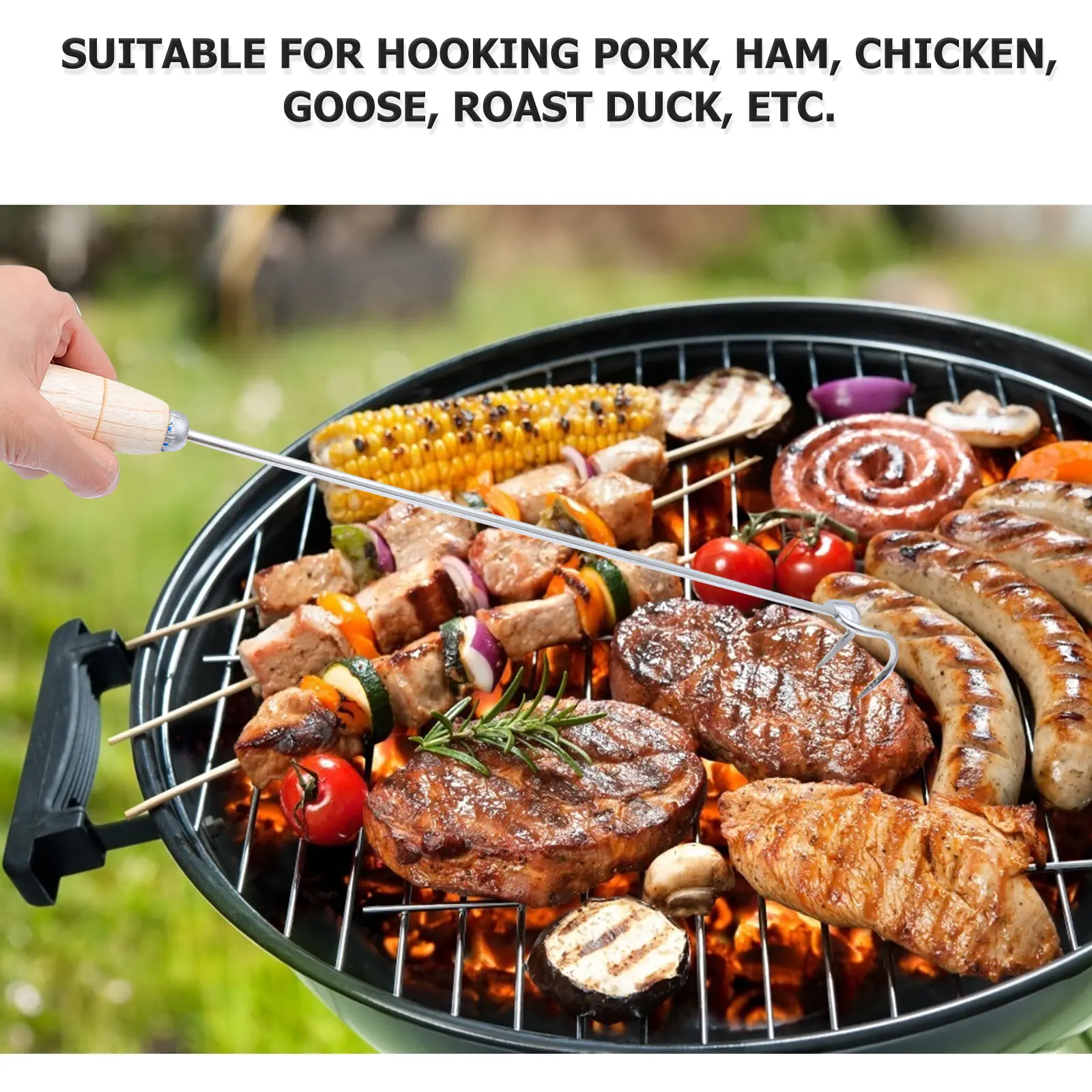 2pcs Stainless Steel Meat Hooks Durable Easy Insert Clean BBQ Roast Pork Ham Chicken Goose Kitchen Supplies Long Use