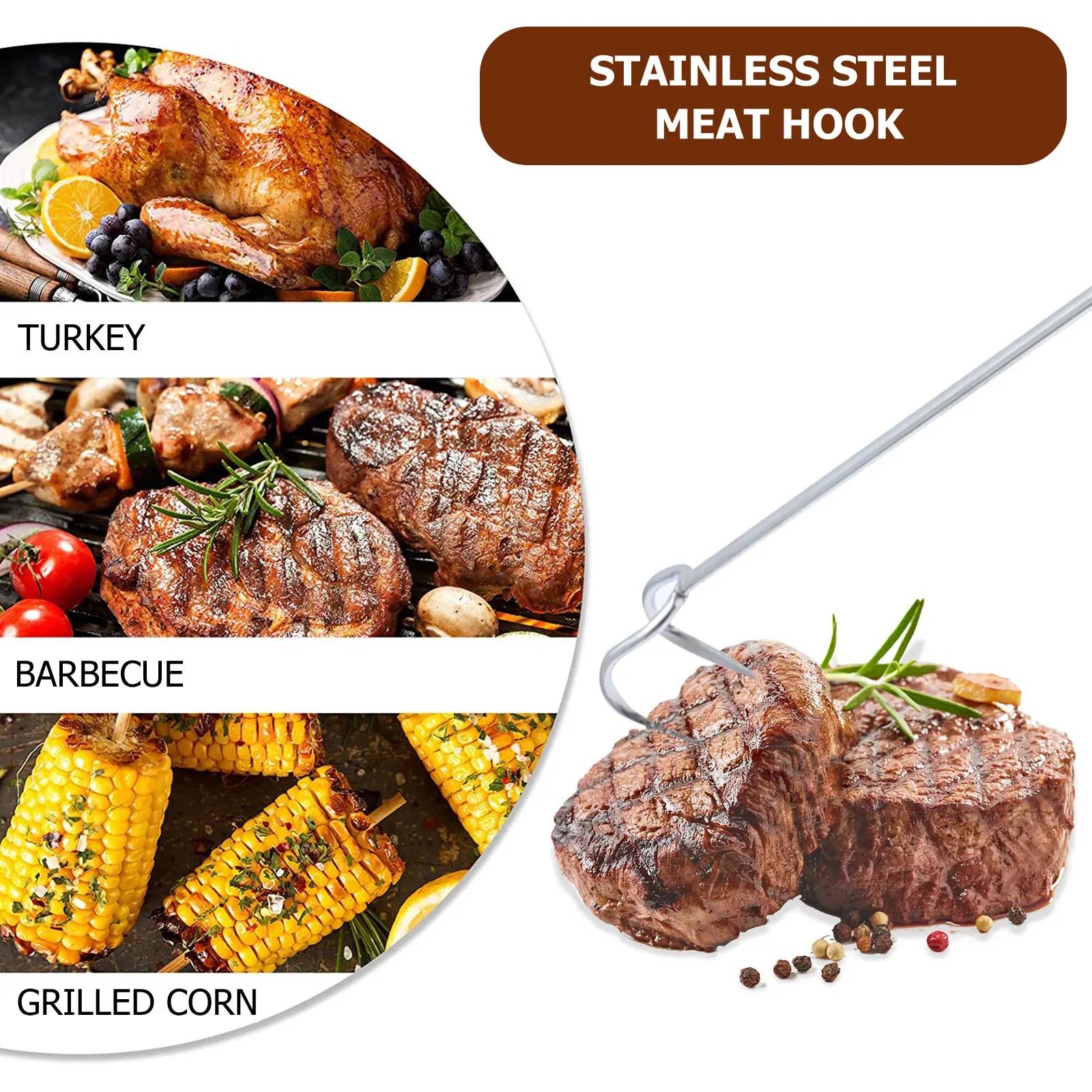 2pcs Stainless Steel Meat Hooks Durable Easy Insert Clean BBQ Roast Pork Ham Chicken Goose Kitchen Supplies Long Use