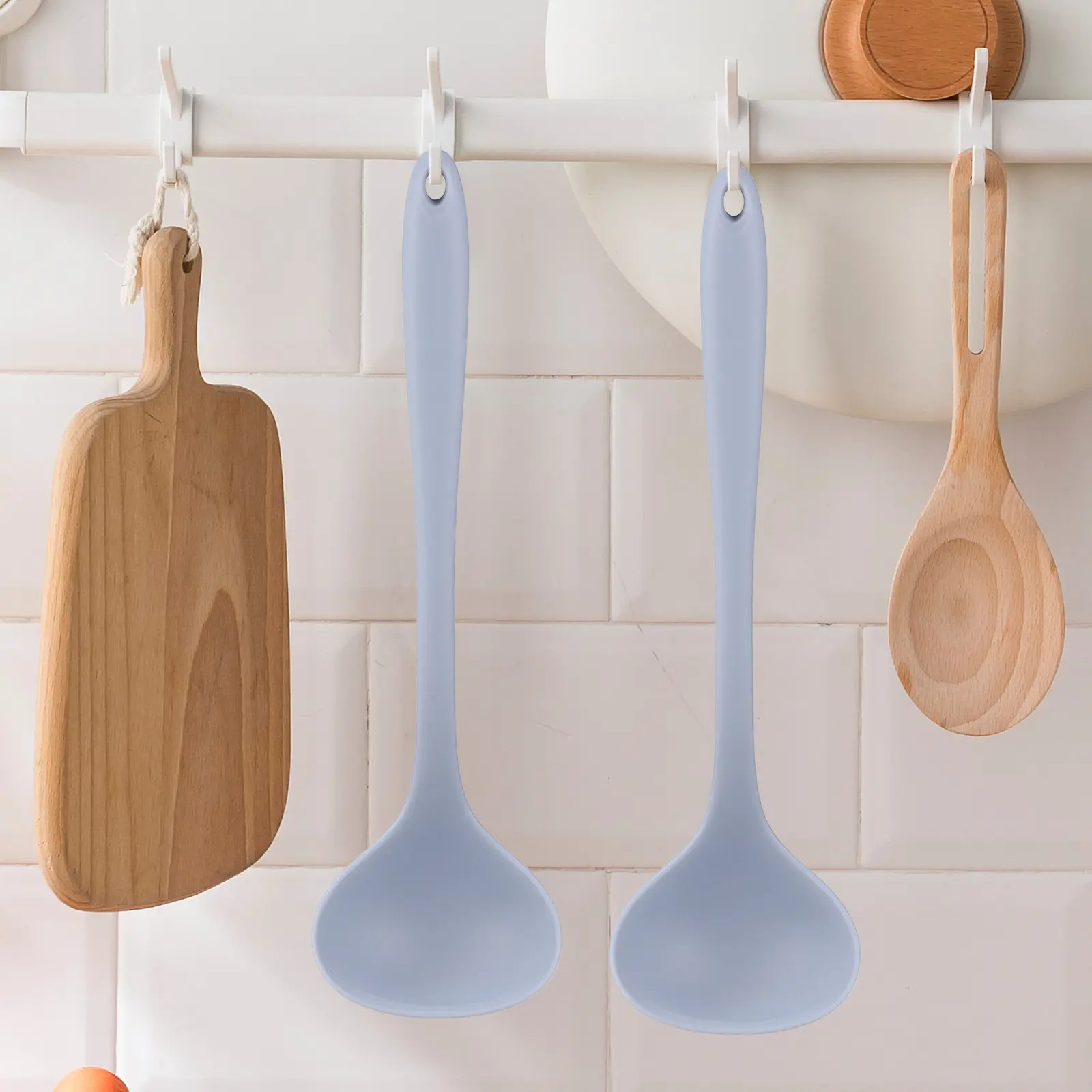 s Grey Silicone Soup Spoon Large Size Kitchen Tool Smooth Surface Easy Clean Ladle for Home Restaurant Asian Style