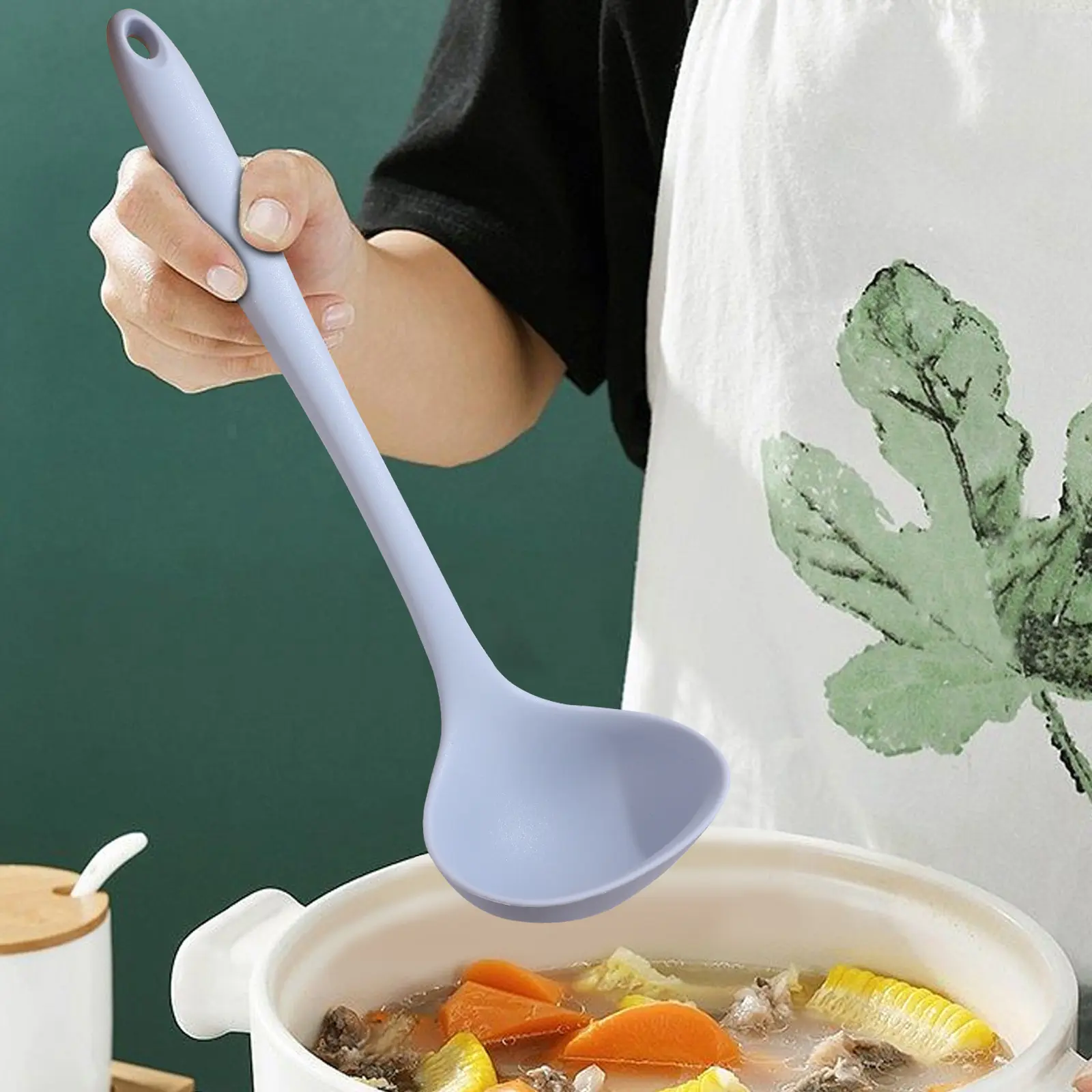 s Grey Silicone Soup Spoon Large Size Kitchen Tool Smooth Surface Easy Clean Ladle for Home Restaurant Asian Style