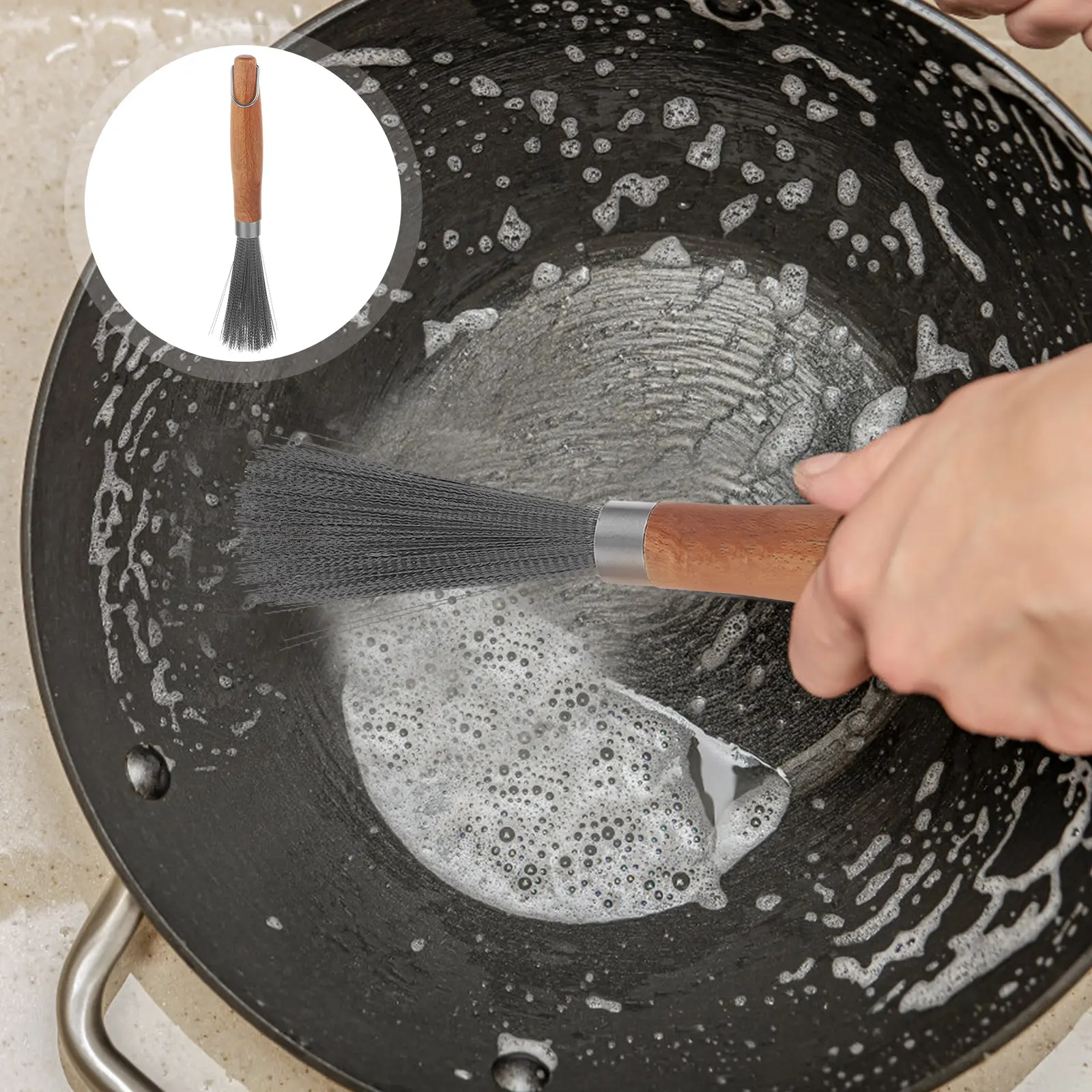 Wooden Handle Pot Brush Stainless Steel Scrubbers for Skillet Cleaning Kitchen Tools Multi Use Clean Dishes Pans Practical