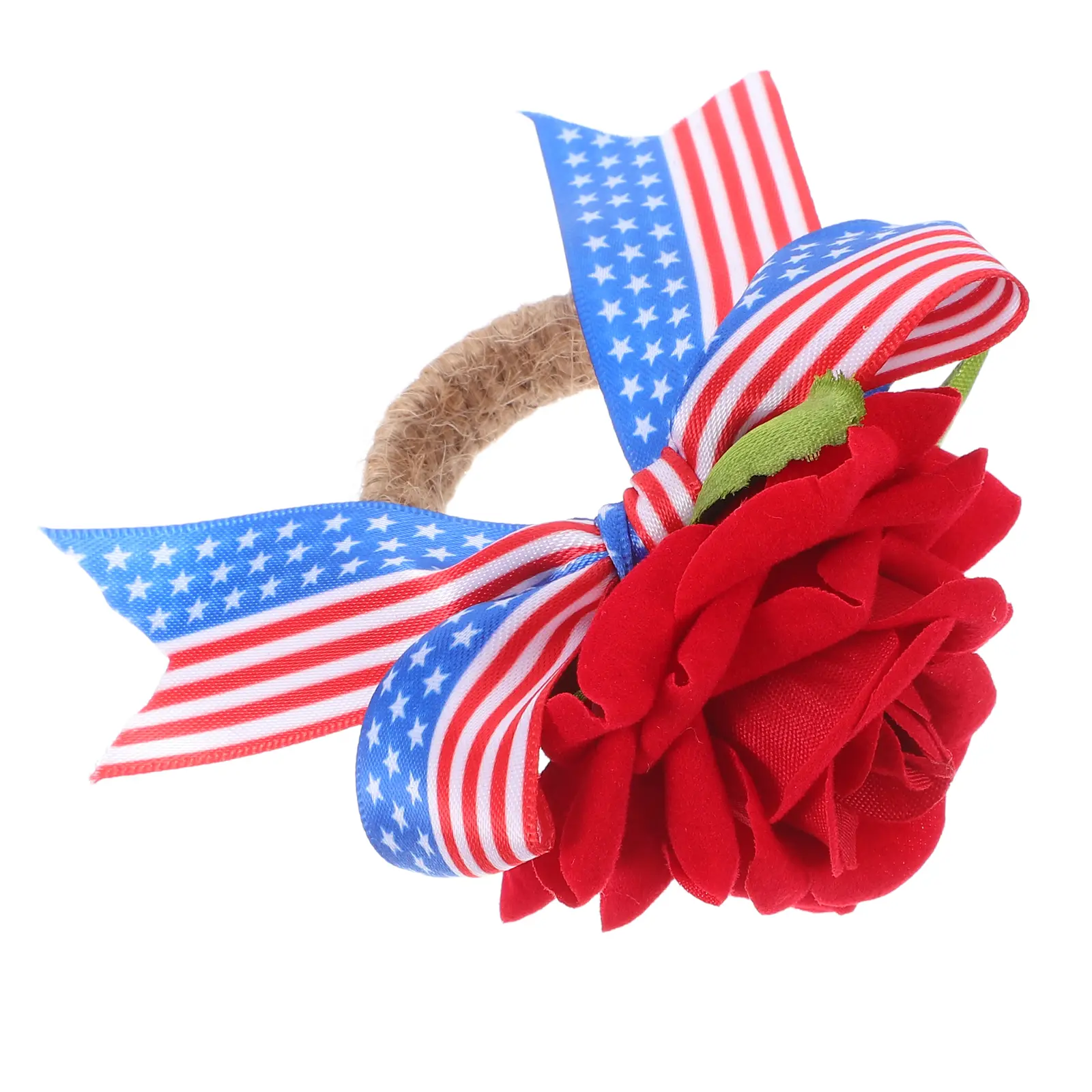 Patriotic Independence Day Napkin Holder With Artificial Rose Jute Rope Napkin Clasp For Festive Party Table Decoration