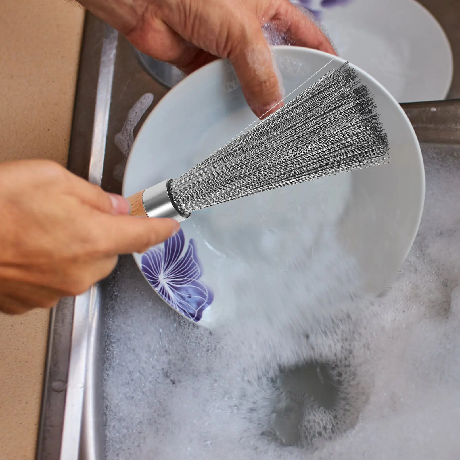 Wooden Handle Pot Brush Stainless Steel Scrubbers for Skillet Cleaning Kitchen Tools Multi Use Clean Dishes Pans Practical