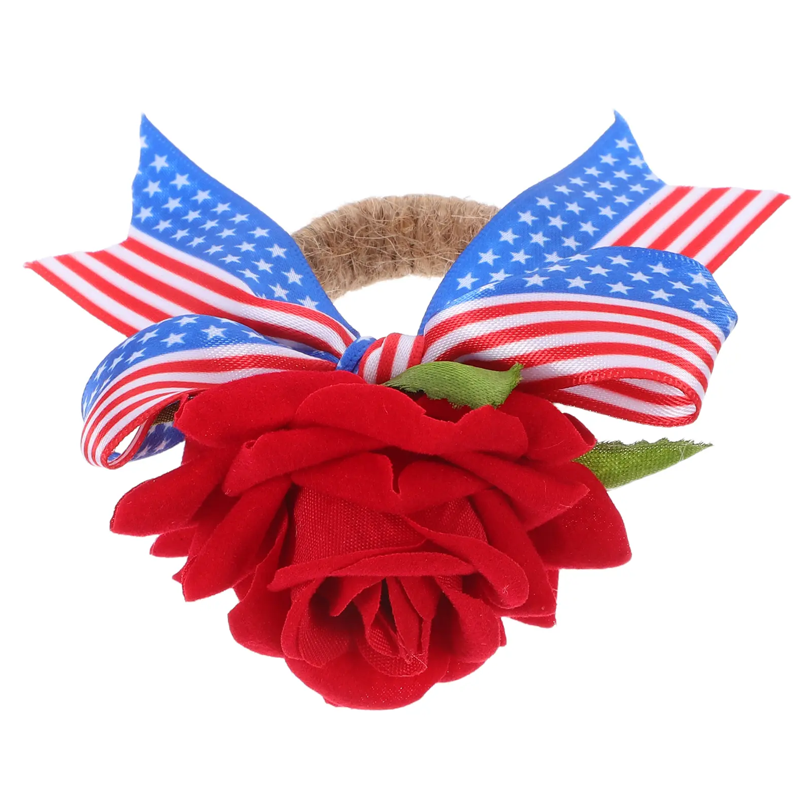 Patriotic Independence Day Napkin Holder With Artificial Rose Jute Rope Napkin Clasp For Festive Party Table Decoration
