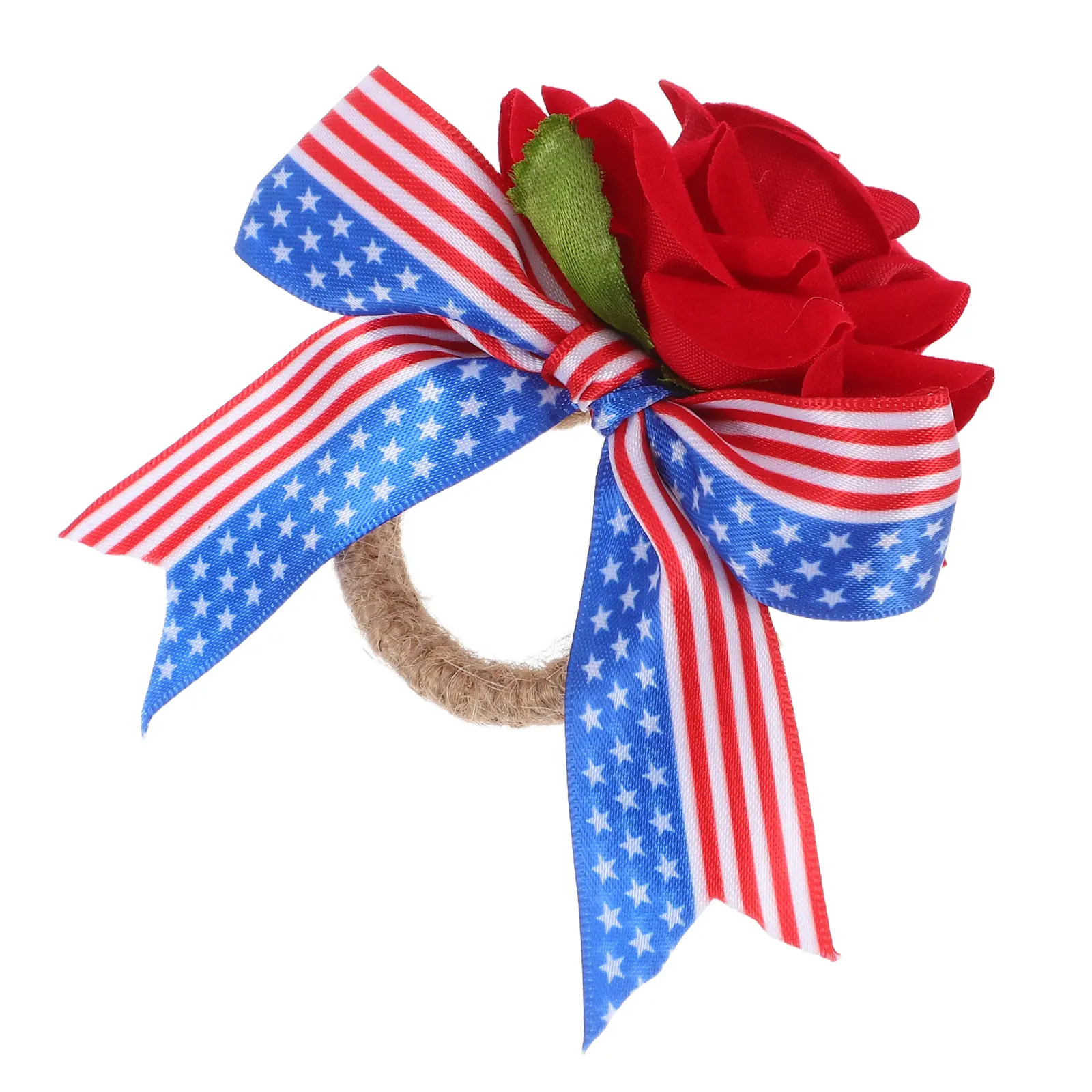 Patriotic Independence Day Napkin Holder With Artificial Rose Jute Rope Napkin Clasp For Festive Party Table Decoration