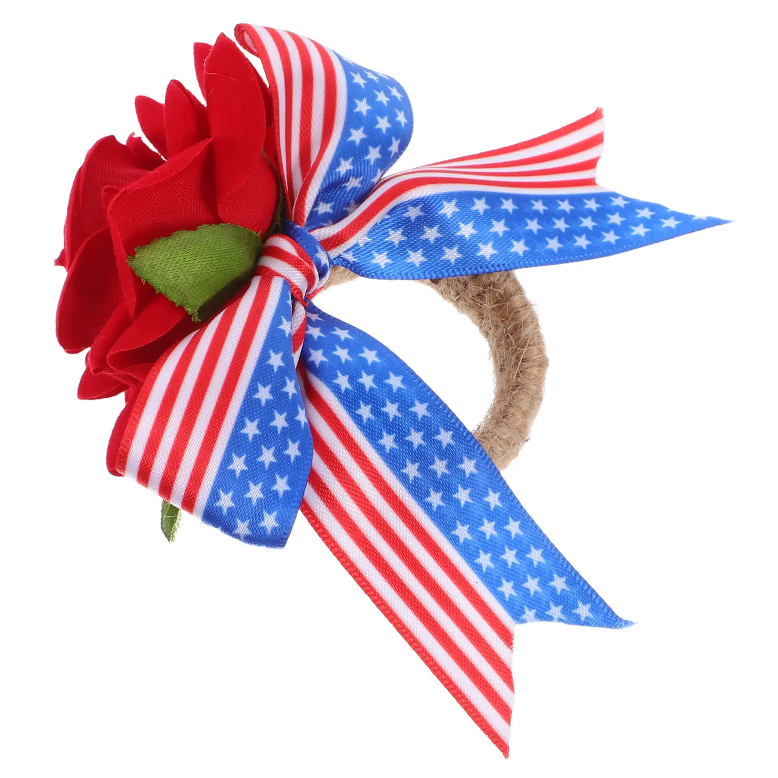 Patriotic Independence Day Napkin Holder With Artificial Rose Jute Rope Napkin Clasp For Festive Party Table Decoration