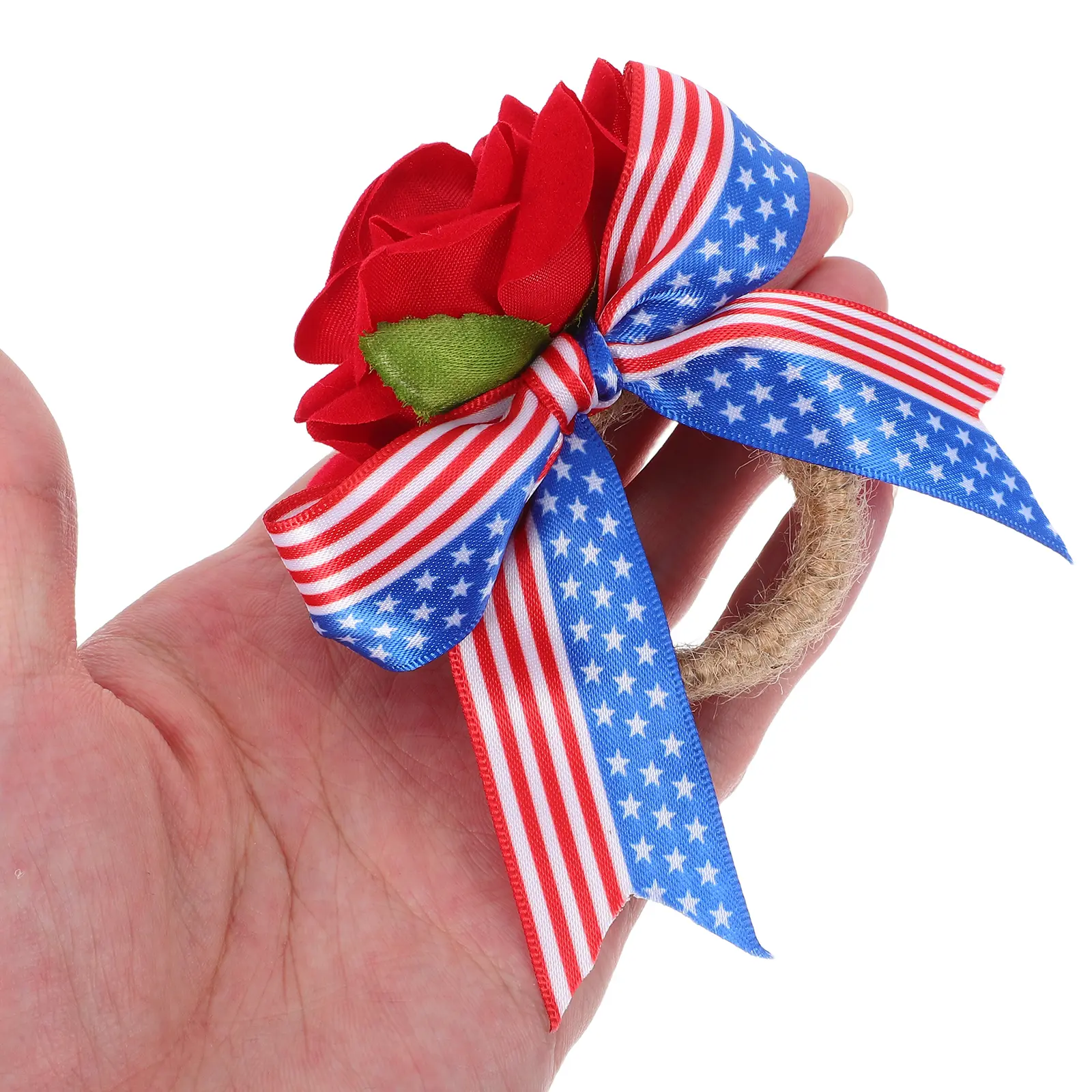 Patriotic Independence Day Napkin Holder With Artificial Rose Jute Rope Napkin Clasp For Festive Party Table Decoration