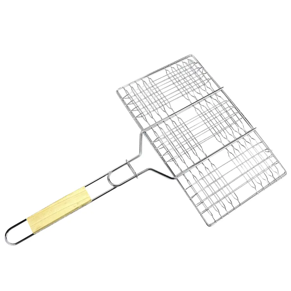 Grilling Nets Sturdy Burger Holder Iron Wire Steak Clamp Barbecue Fish Tool Wooden H Easy Clean Smooth Surface Practical