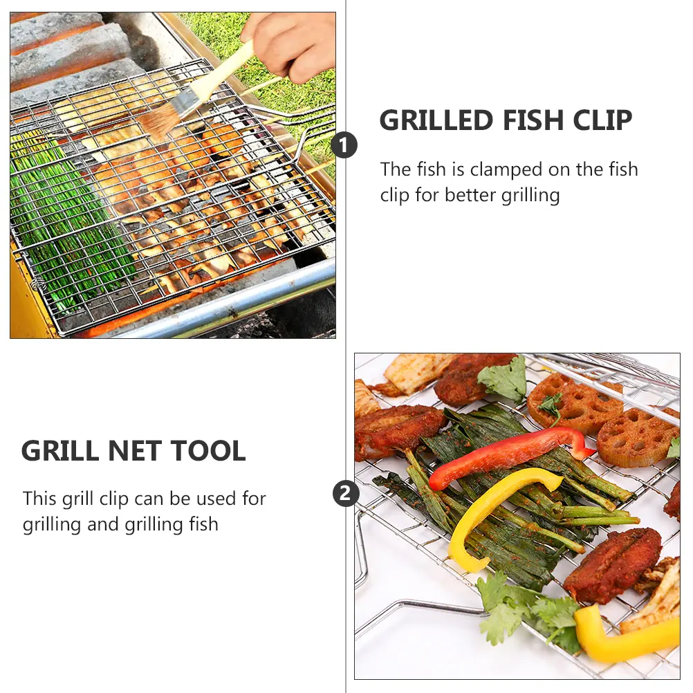 Grilling Nets Sturdy Burger Holder Iron Wire Steak Clamp Barbecue Fish Tool Wooden H Easy Clean Smooth Surface Practical