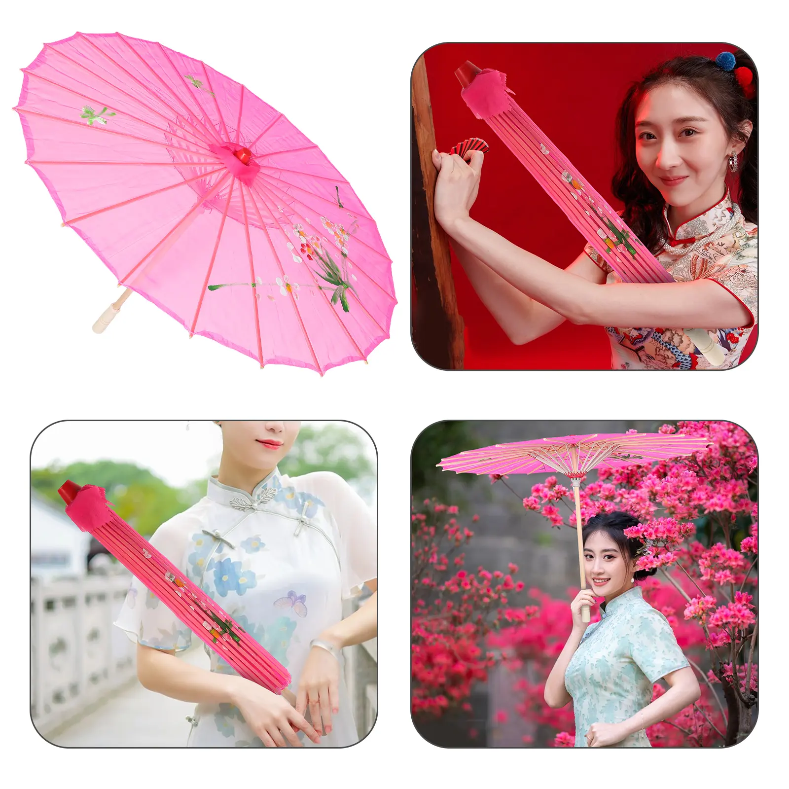 Silk Umbrella Pink Parasol Chinese Japanese Wedding Translucent Vintage Dance Prop Decorative Kids Photo Retro Folding Umbrella