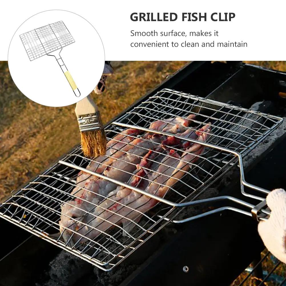 Grilling Nets Sturdy Burger Holder Iron Wire Steak Clamp Barbecue Fish Tool Wooden H Easy Clean Smooth Surface Practical