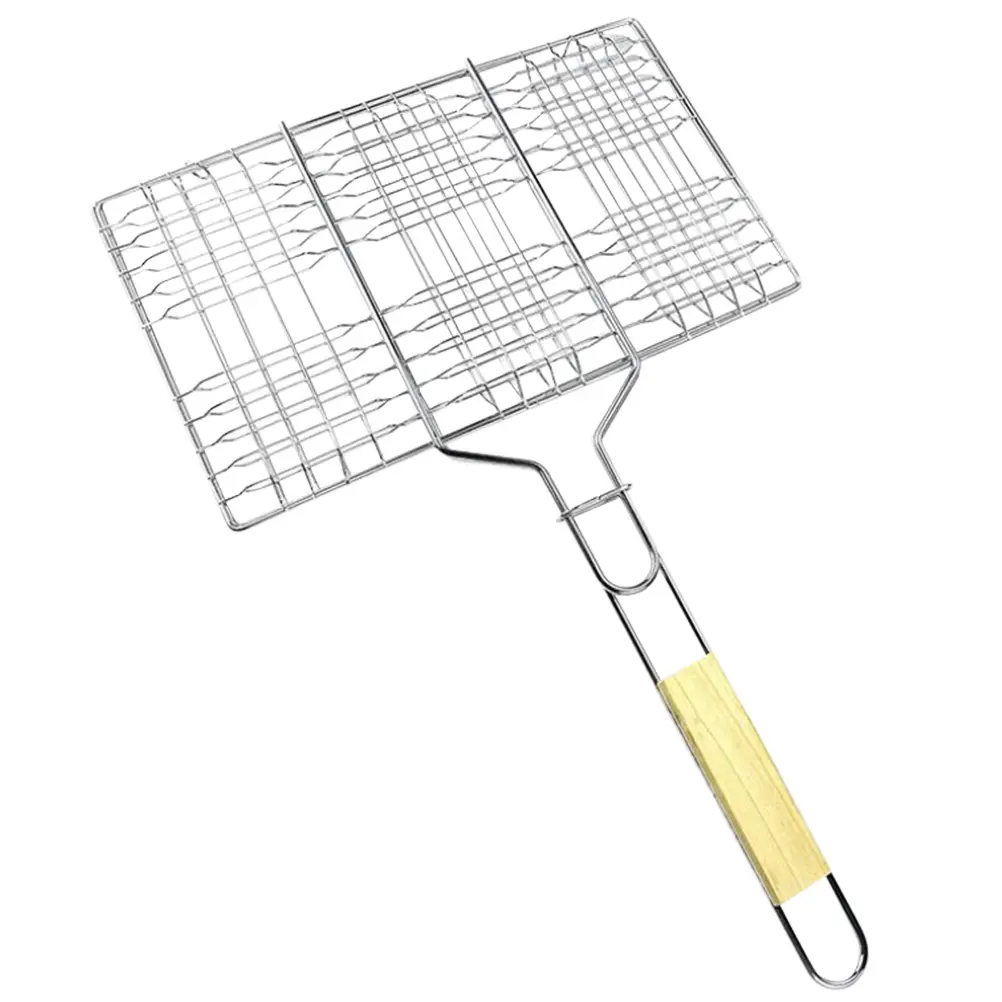 Grilling Nets Sturdy Burger Holder Iron Wire Steak Clamp Barbecue Fish Tool Wooden H Easy Clean Smooth Surface Practical