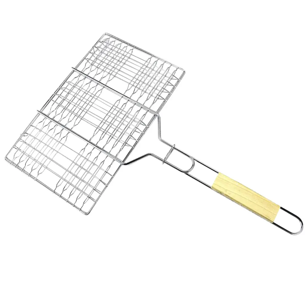 Grilling Nets Sturdy Burger Holder Iron Wire Steak Clamp Barbecue Fish Tool Wooden H Easy Clean Smooth Surface Practical