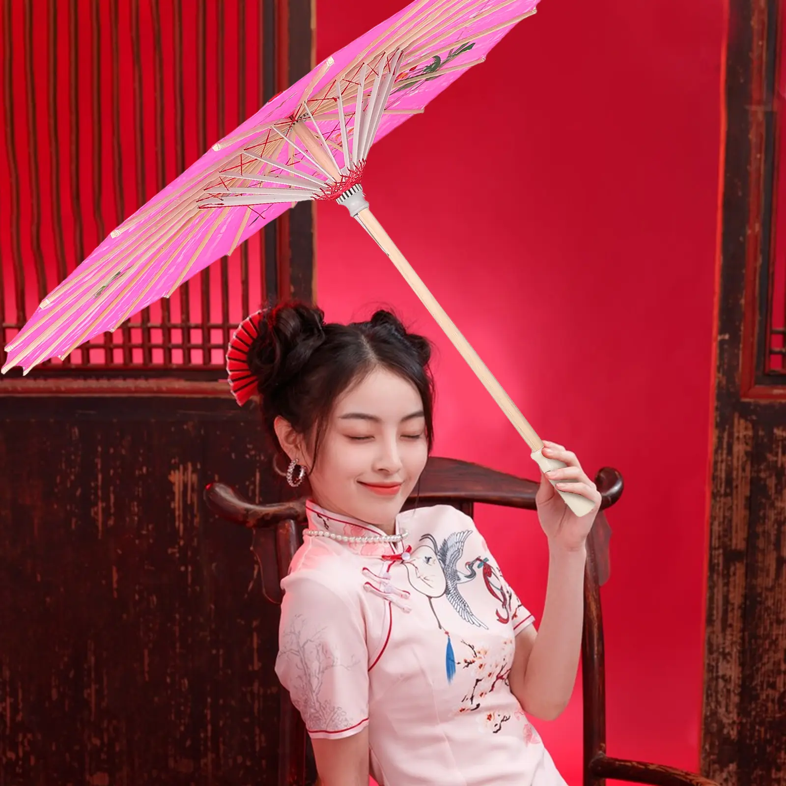 Silk Umbrella Pink Parasol Chinese Japanese Wedding Translucent Vintage Dance Prop Decorative Kids Photo Retro Folding Umbrella