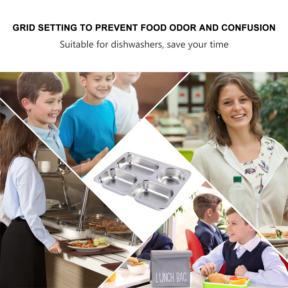 Stainless Steel Fast Food Tray Odor Prevention Plate Home Fruit Dish Sub-grid Rust-resistant Thickened Tableware Snack Plate