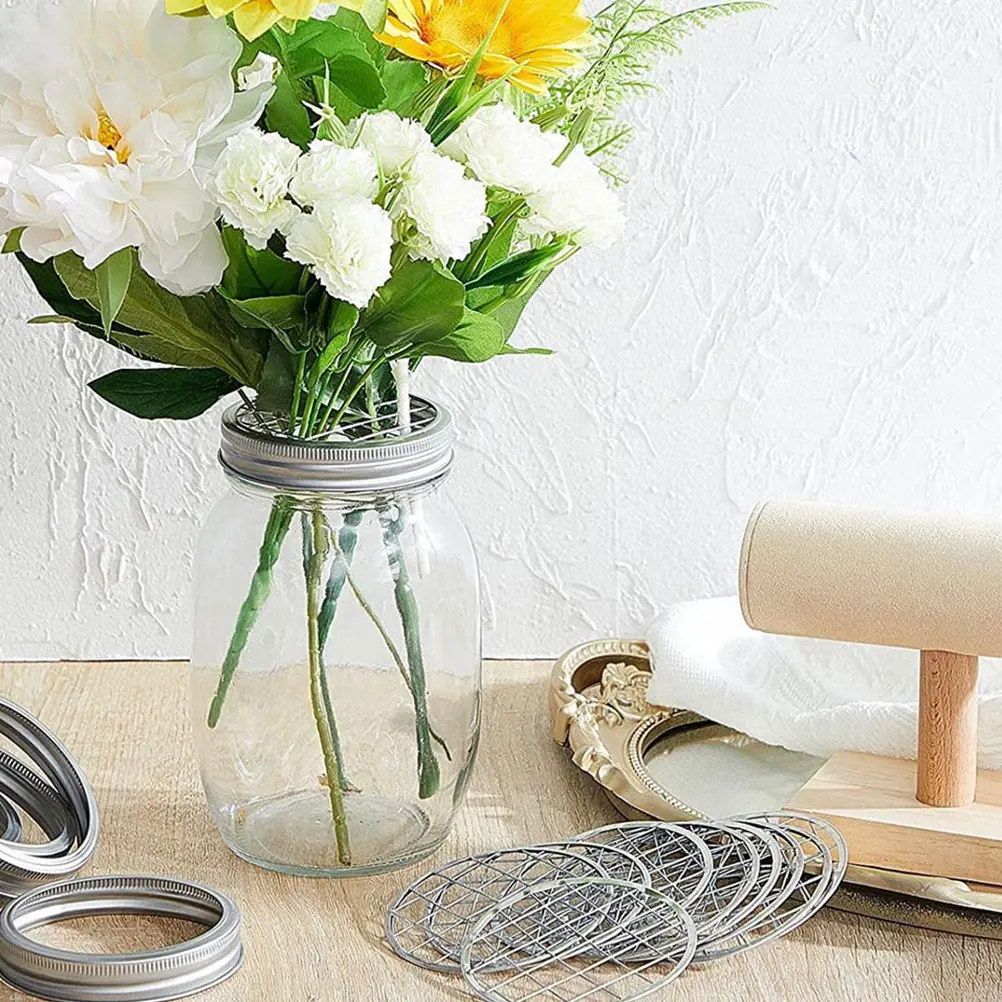 10pcs 70mm Mason Jar Grid Pen Holder Lid for Floral Arrangement Vase Flower Tool Silver Metal Kitchen Bar Supplies Home Decor