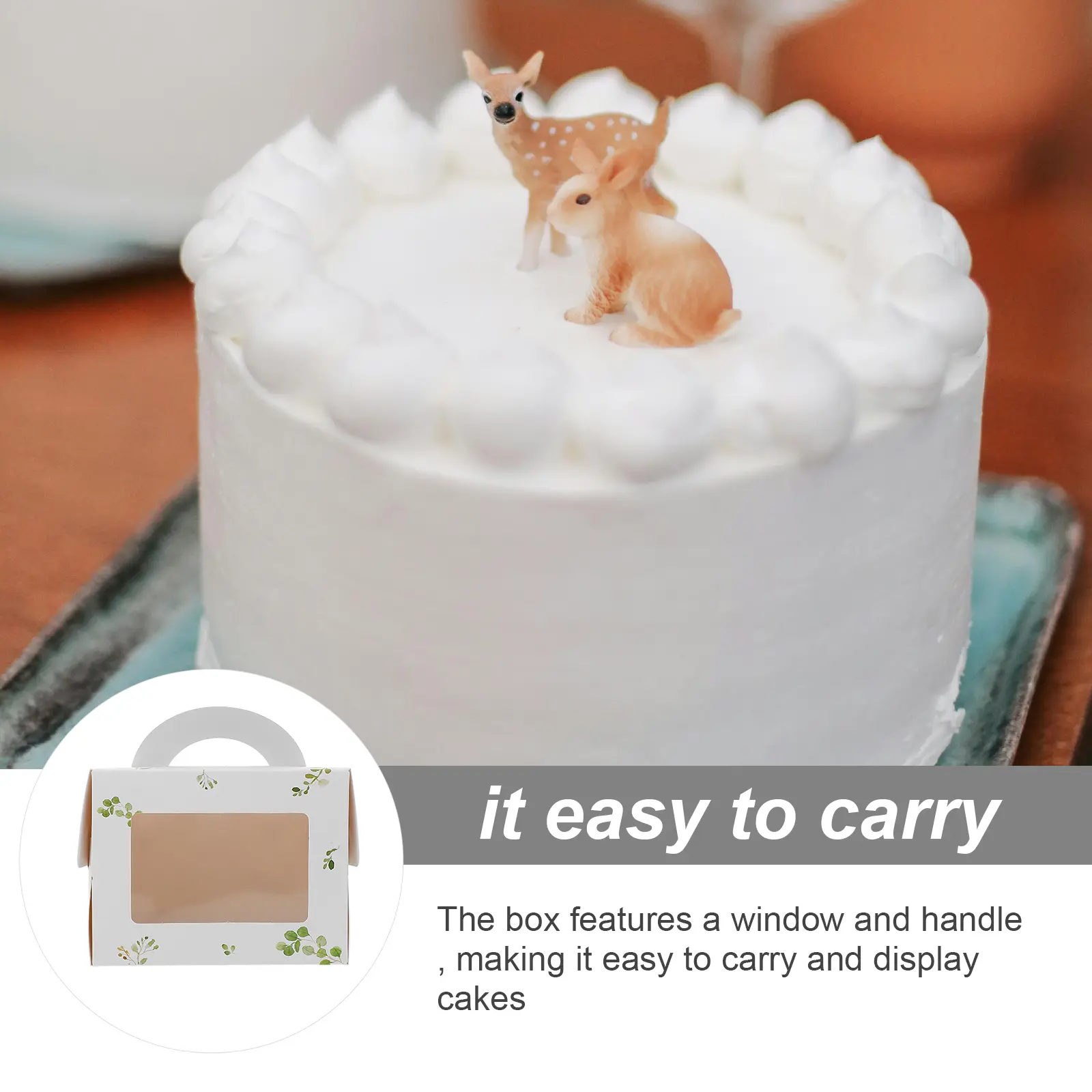 10pcs Cake Boxes Decorative Wrapping Portable Handheld for Party Chocolate Cookies Container Leaf Pattern Window Handle White