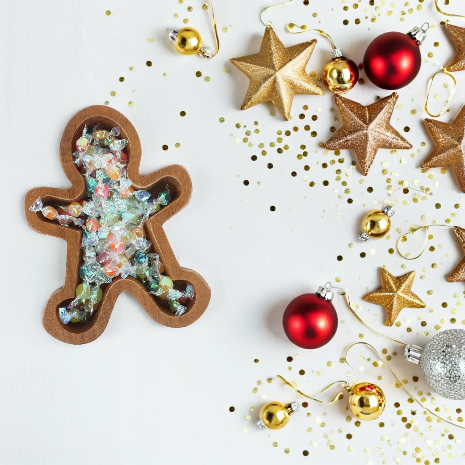 Gingerbread Man Wooden Bowl Christmas Mantel Dish Decorations Sandwich Tray Candy Plate