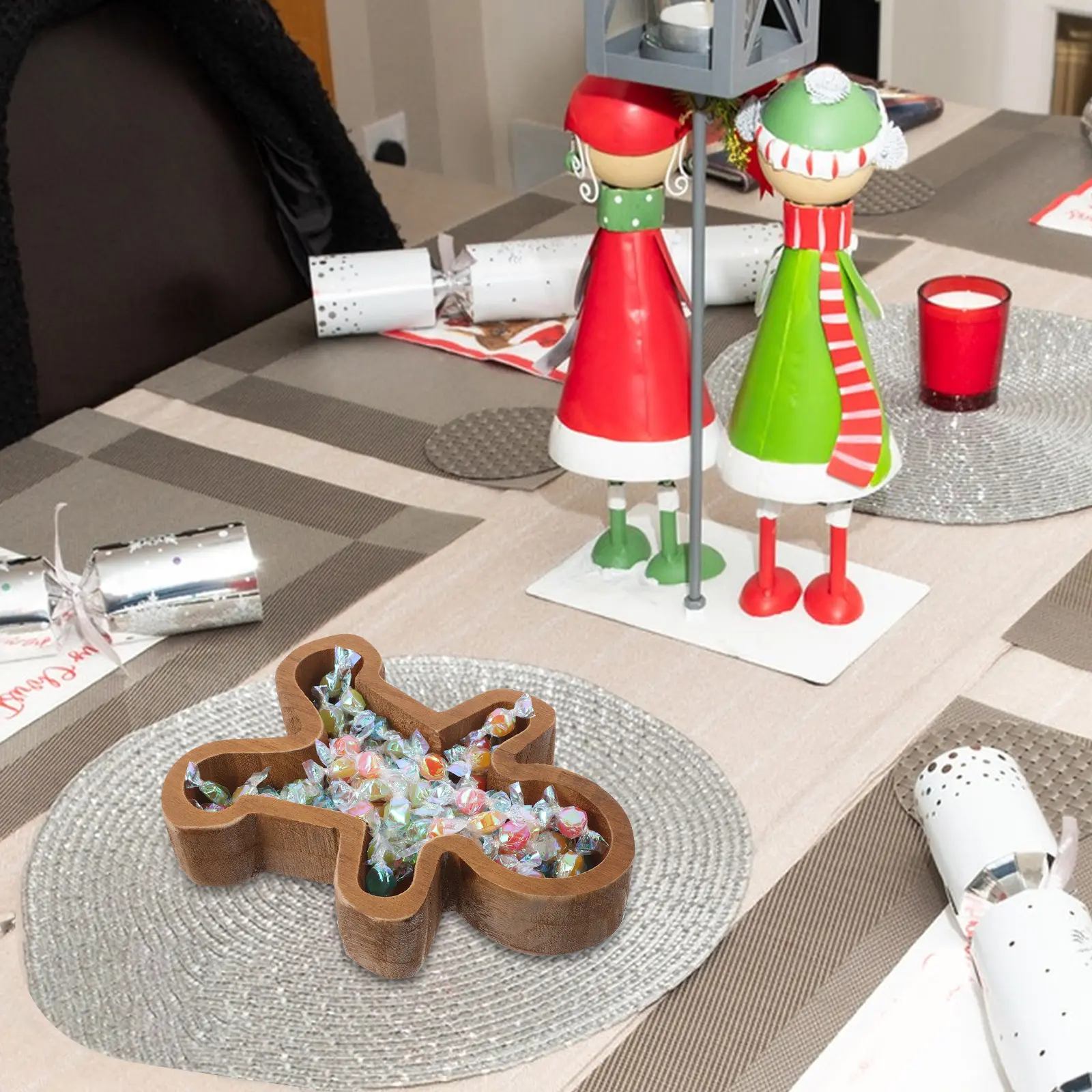 Gingerbread Man Wooden Bowl Christmas Mantel Dish Decorations Sandwich Tray Candy Plate