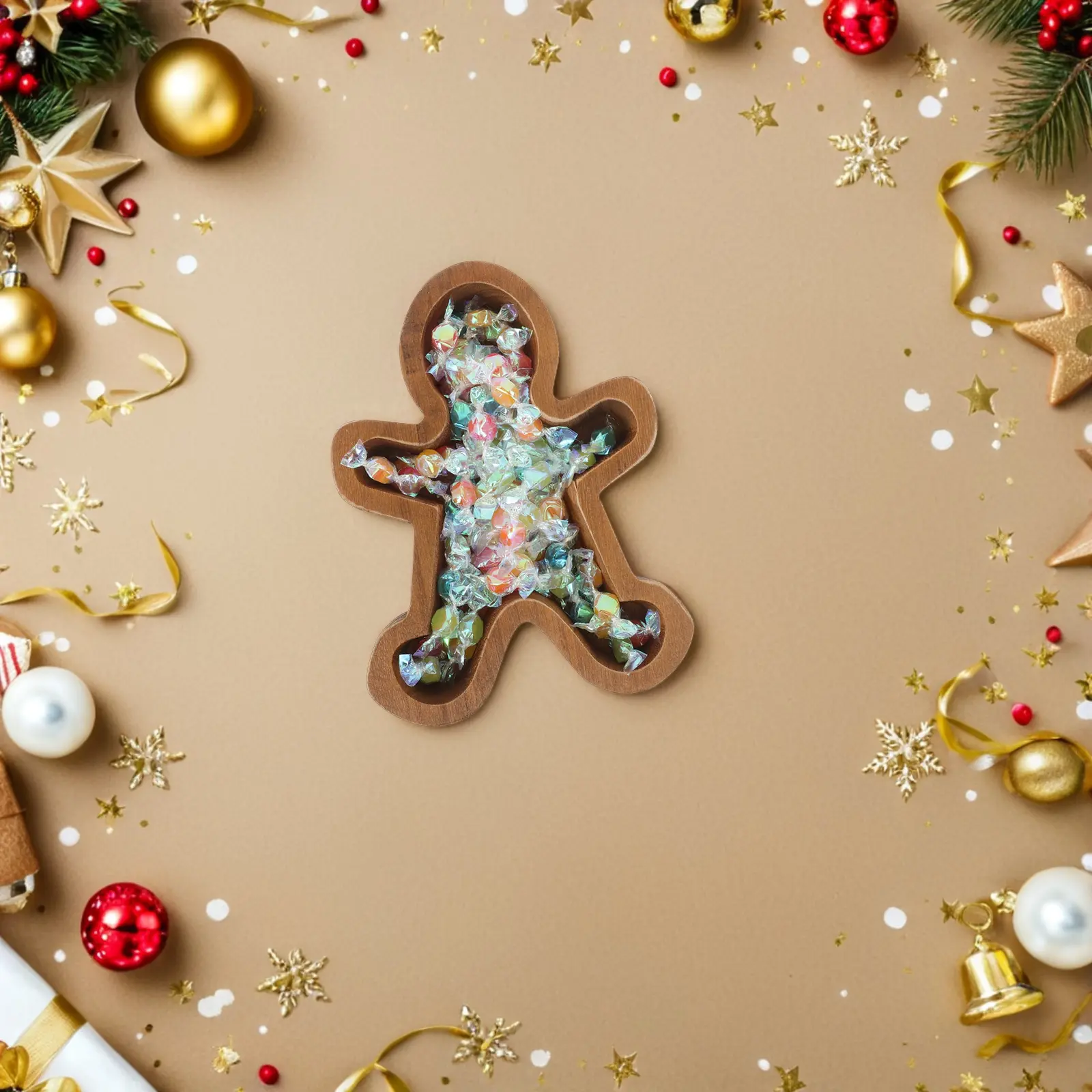 Gingerbread Man Wooden Bowl Christmas Mantel Dish Decorations Sandwich Tray Candy Plate