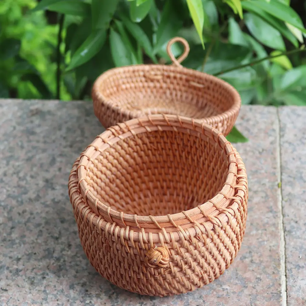 Rattan Storage Basket Round Container Kitchen Supplies Fruit Snack Holder Woven Design Practical Item Storage Solution Multi