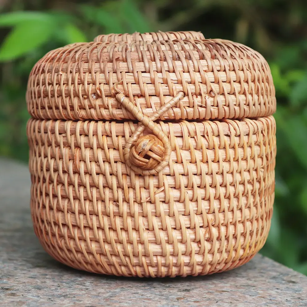Rattan Storage Basket Round Container Kitchen Supplies Fruit Snack Holder Woven Design Practical Item Storage Solution Multi