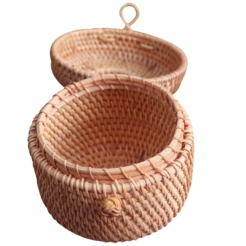 Rattan Storage Basket Round Container Kitchen Supplies Fruit Snack Holder Woven Design Practical Item Storage Solution Multi