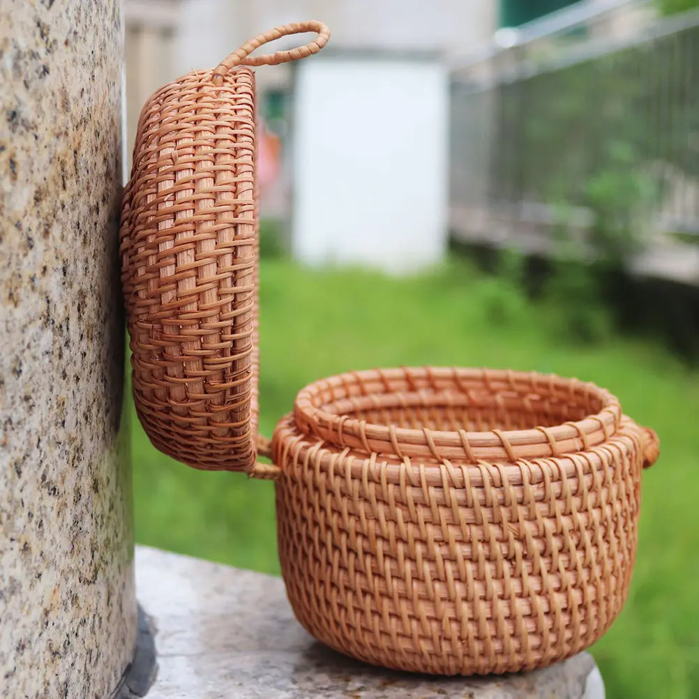 Rattan Storage Basket Round Container Kitchen Supplies Fruit Snack Holder Woven Design Practical Item Storage Solution Multi