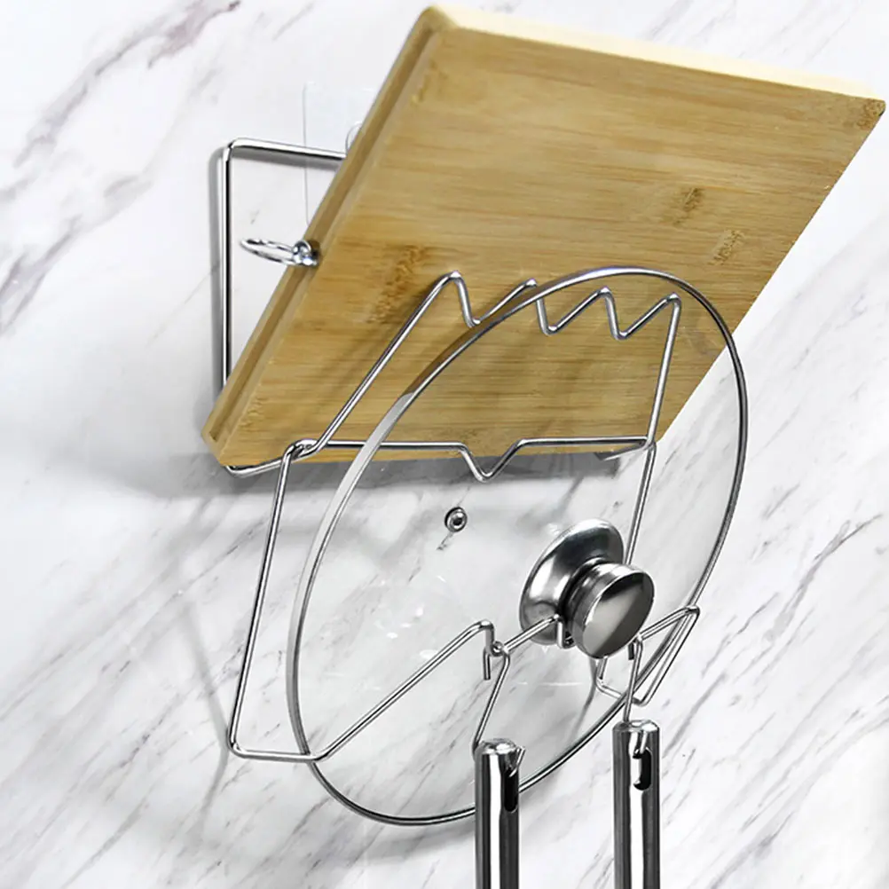 1pc Stainless Steel Wall Mounted Kitchen Storage Rack Moisture Resistant Strong Bearing Capacity Organizer Holder for Pot Cover