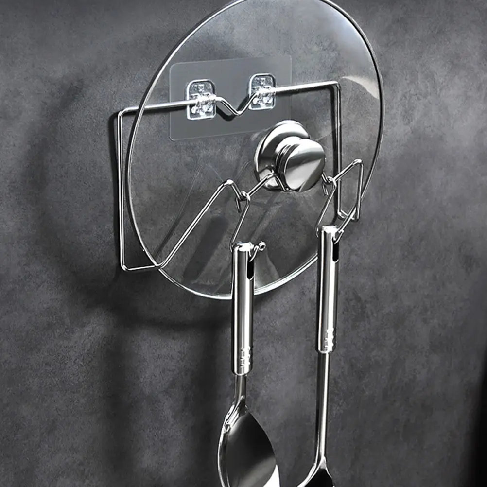 1pc Stainless Steel Wall Mounted Kitchen Storage Rack Moisture Resistant Strong Bearing Capacity Organizer Holder for Pot Cover
