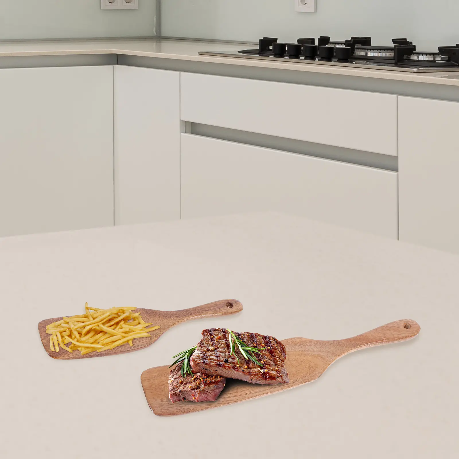 2 Pcs Wooden Kitchen Leak Spatula Long Handle Flat Frying European Style Utensils
