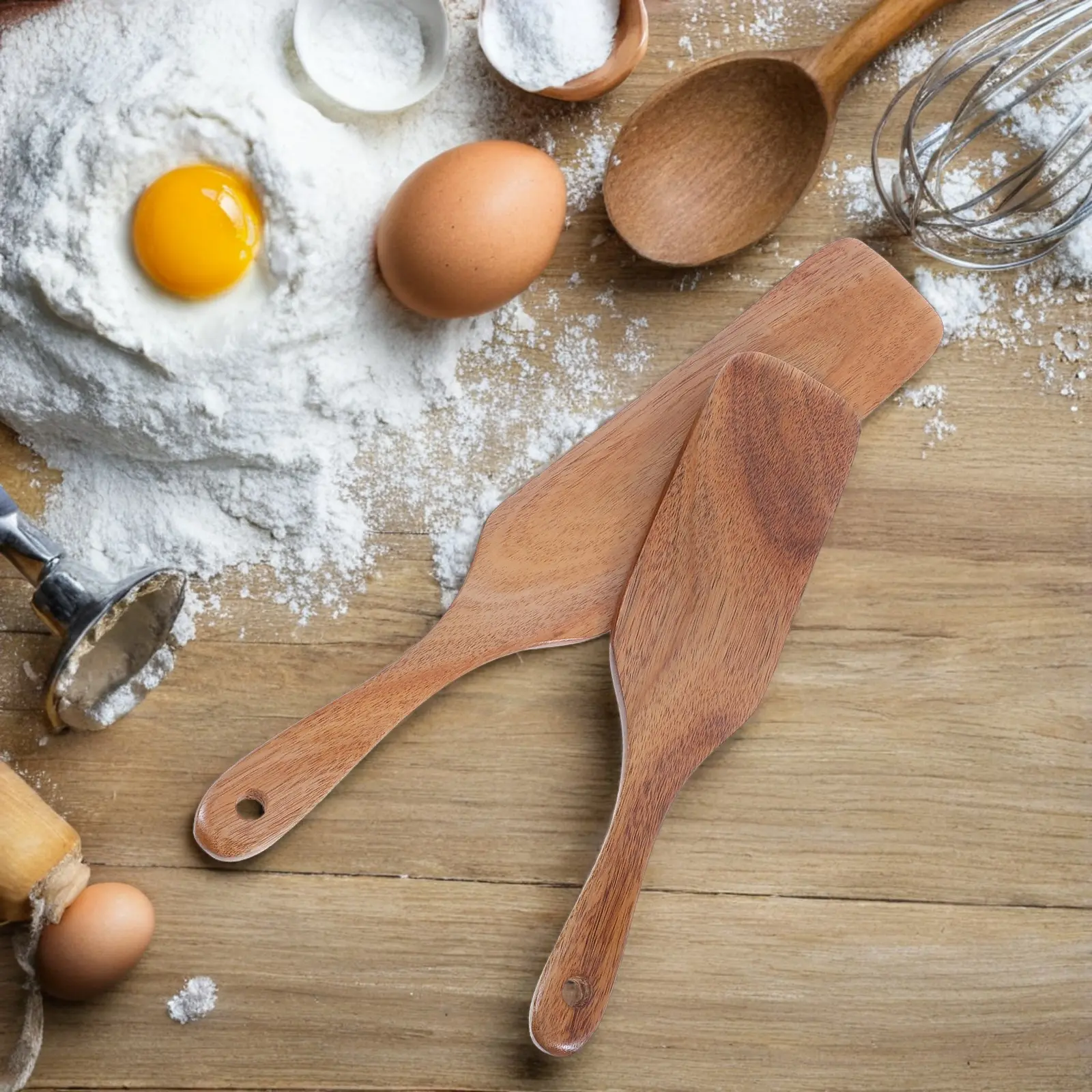 2 Pcs Wooden Kitchen Leak Spatula Long Handle Flat Frying European Style Utensils