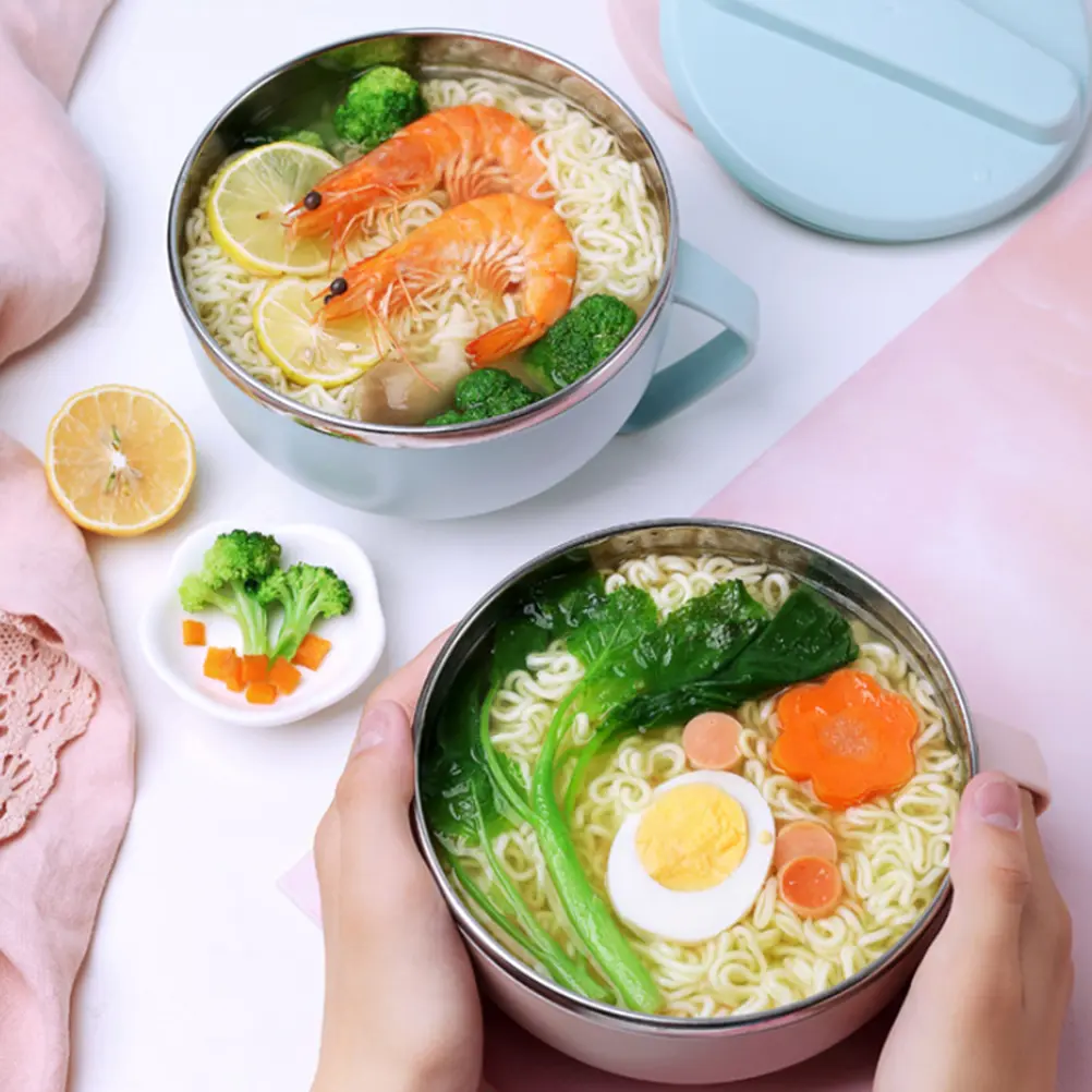 1pc Noodle Bowl Stainless Steel Leakproof Container Household Tableware Compact Portable Food Storage for Snacks