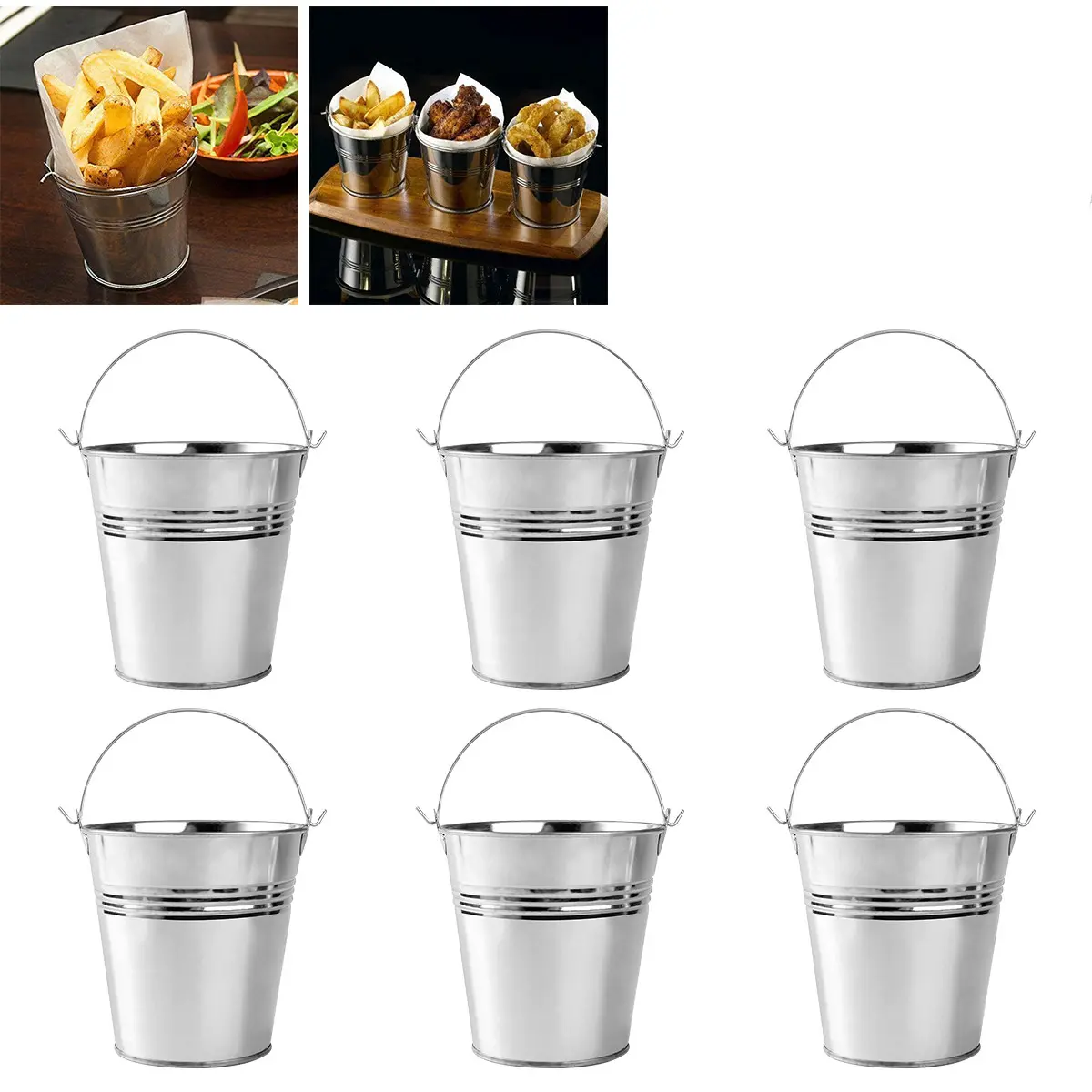 6 Pcs Tinplate French Fries Bucket Cooler with Handle Ice Cube Container Mini Refrigerator Food Serving Storage Beer